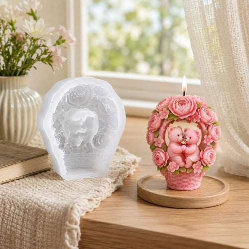 3D Hugging Bears Flower Basket Silicone Mold | Candle & Soap DIY Silicone Craft Mold Oasis Select