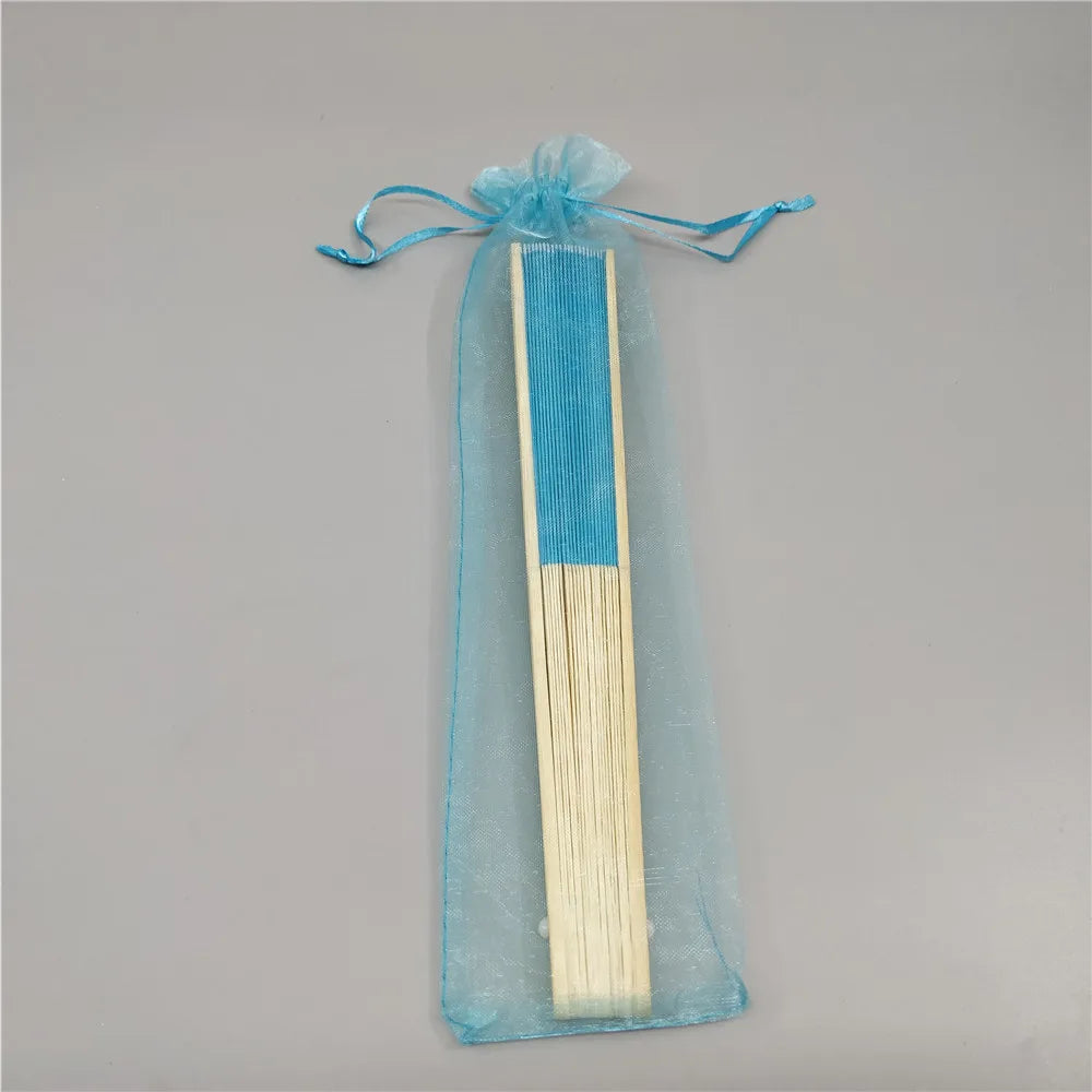 Hand Folding Fan with Organza Bag Bridal Shower Kids Christestening Favors Wholesale Bamboo Fabric Handheld Fans Oasis Select Lake Blue