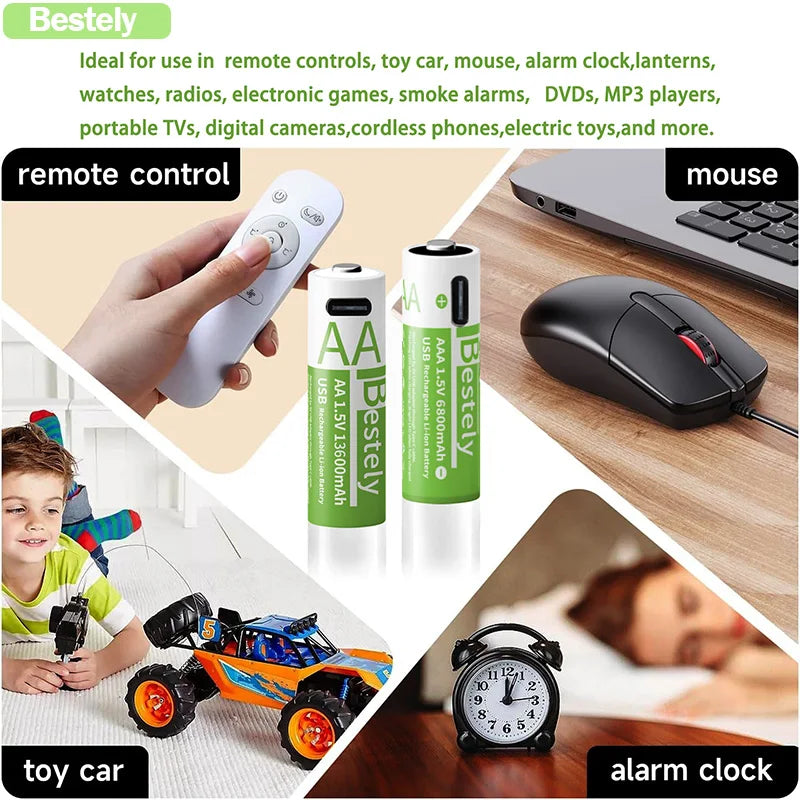New1.5V AA 13600mAh + AAA 6800mAh Rechargeable Lithium Battery,USB-C Charge, 2000 Cycles，Low Self-Discharge Battery Oasis Select
