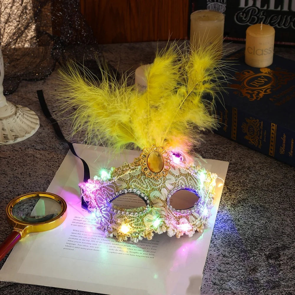 1Pcs Venetian Venice Glowing Feather Led Masks Woman Fancy Dance Party Eye Mask Carnival Halloween Masquerade Cosplay Costume Oasis Select Yellow