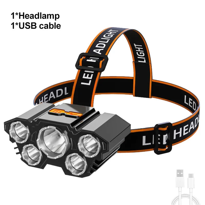 5 LED Headlamp Rechargeable with Built in Battery Strong Light Headlight Camping Adventure Fishing Head Light Flashlight Oasis Select T21 5LED headlamp
