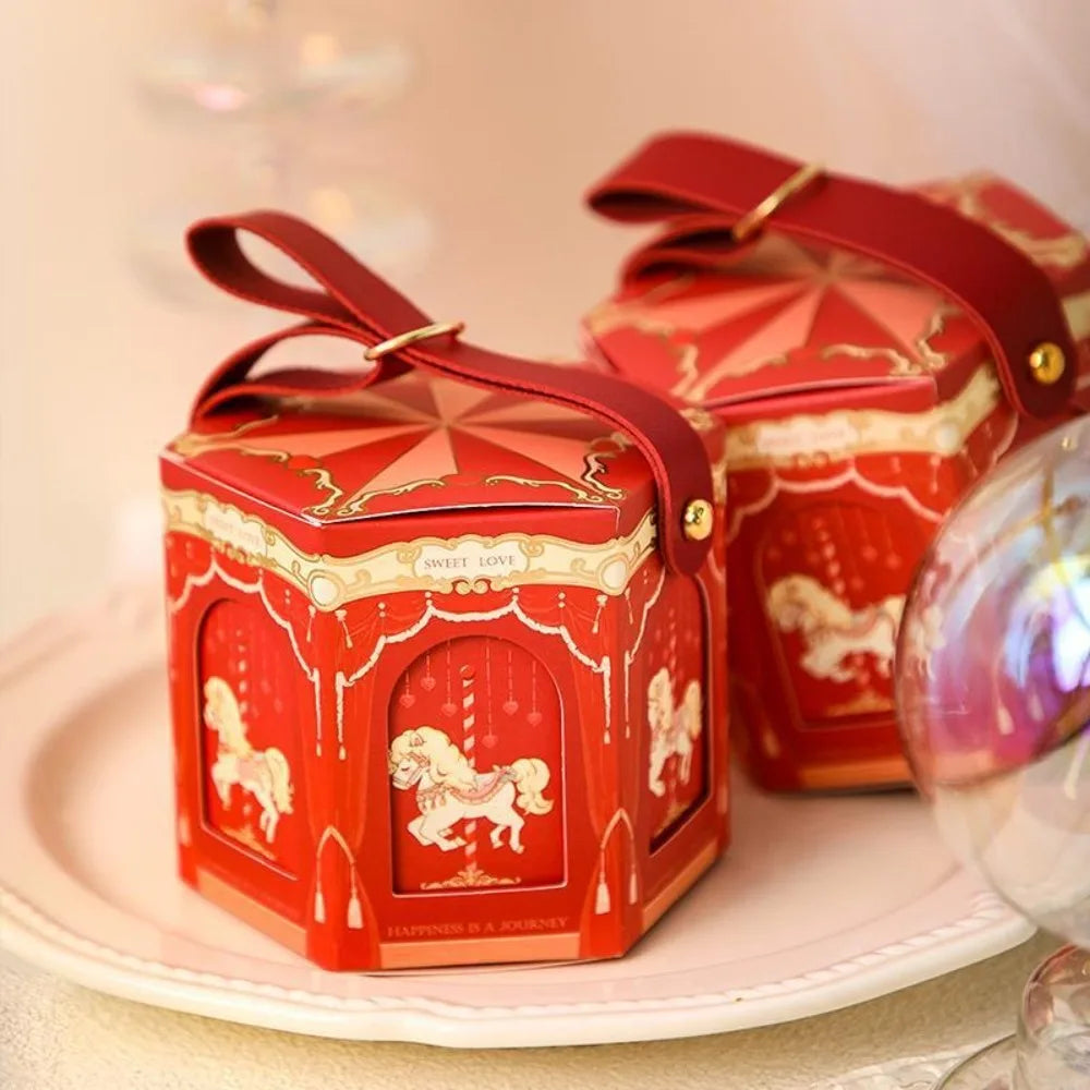 Beautiful Carousel Gift Box Leather Handle Wedding Candy Box Elegant Handheld Gift Bag Birthday Candy Tote Bag Decoration Oasis Select Red