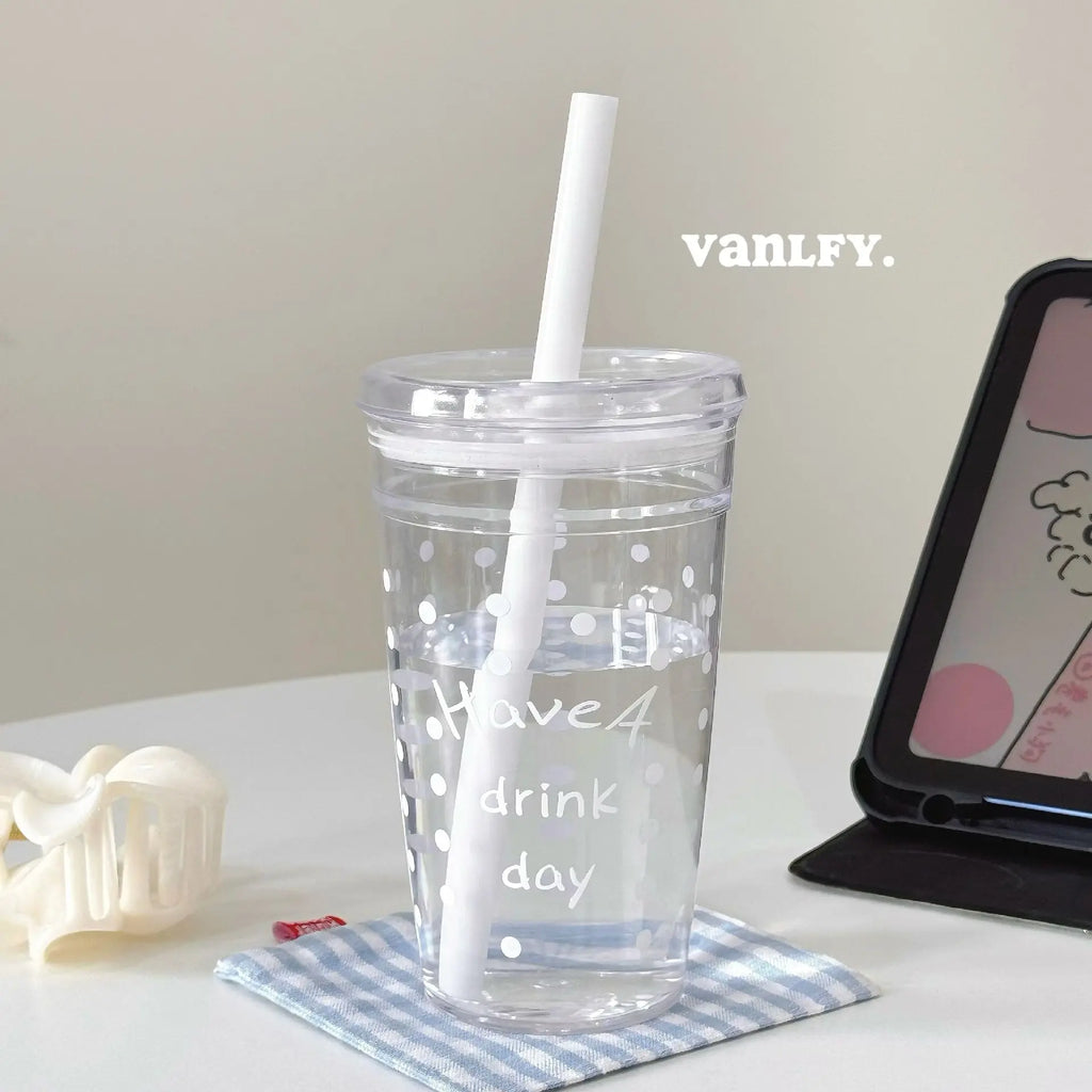 450ml Clear Plastic Reusable Straw Cup with Lid, for Tea Coffee Iced Drinks, Daily Use Portable Travel Water Mug Drinkware Oasis Select White