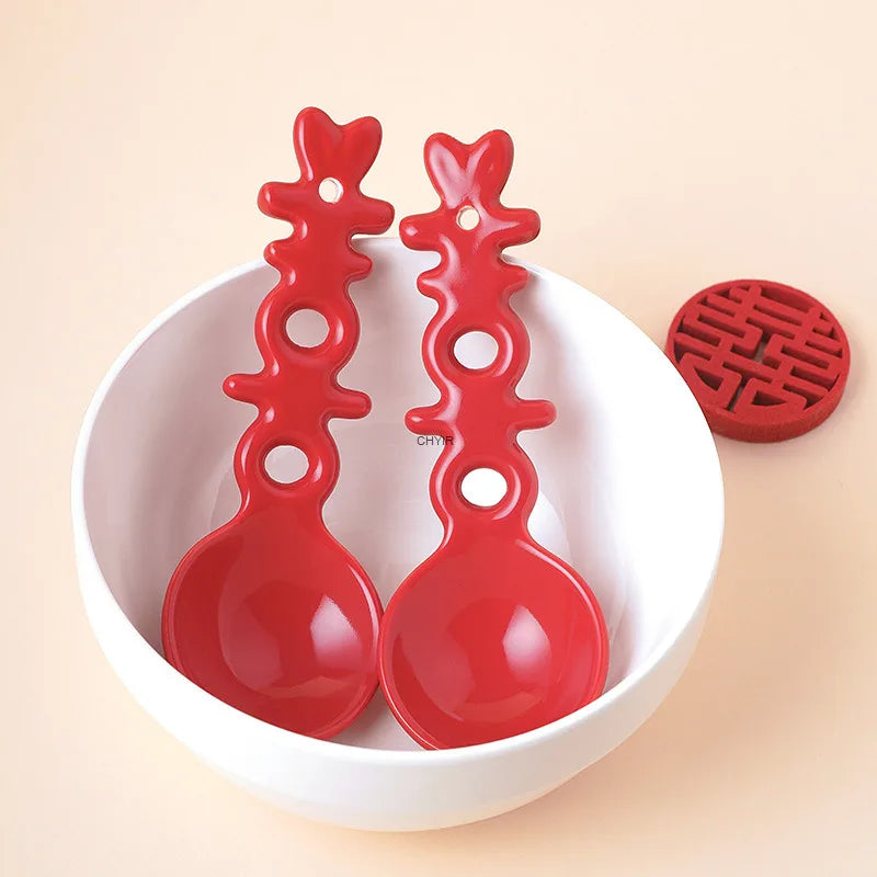 Double Happiness Ceramic Spoon Souvenir Soup Spoon, Engagement Wedding Spoon Red Festive Soup Kitchen Tablewear Oasis Select