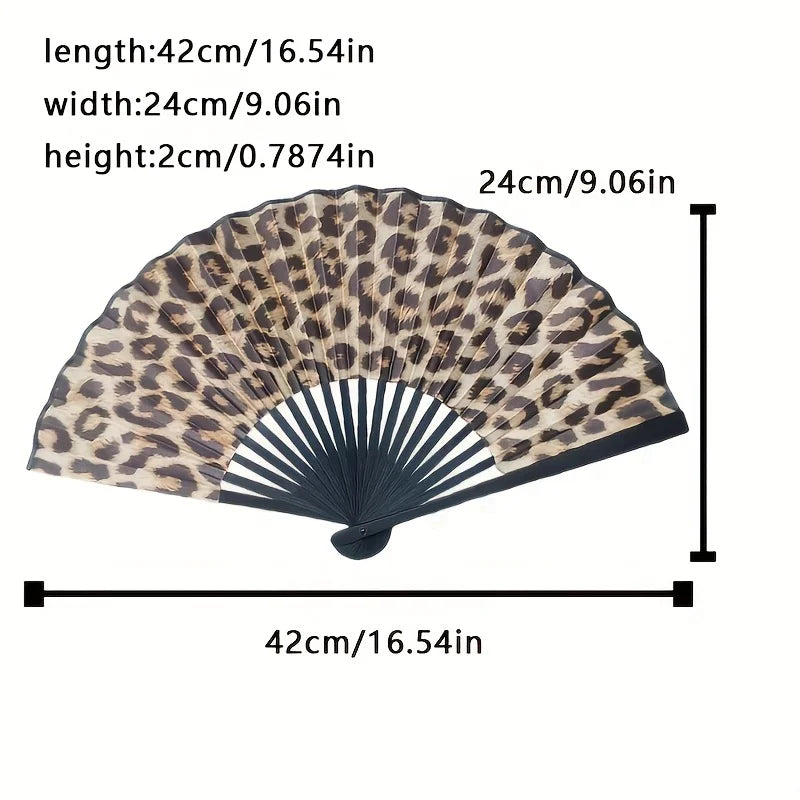 Elegant Leopard Print Folding Fan with Black Frame - Stylish Princess Theme, Lightweight & Portable for Women Oasis Select