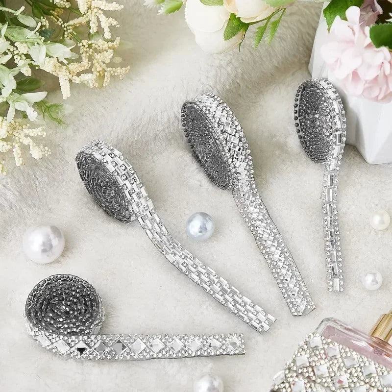 1Yard Glitter White Crystal Rhinestone Tape Trim Self-Adhesive Glass Appliques Diamond Sticker for Dress Shoe Adornment Ribbon Oasis Select