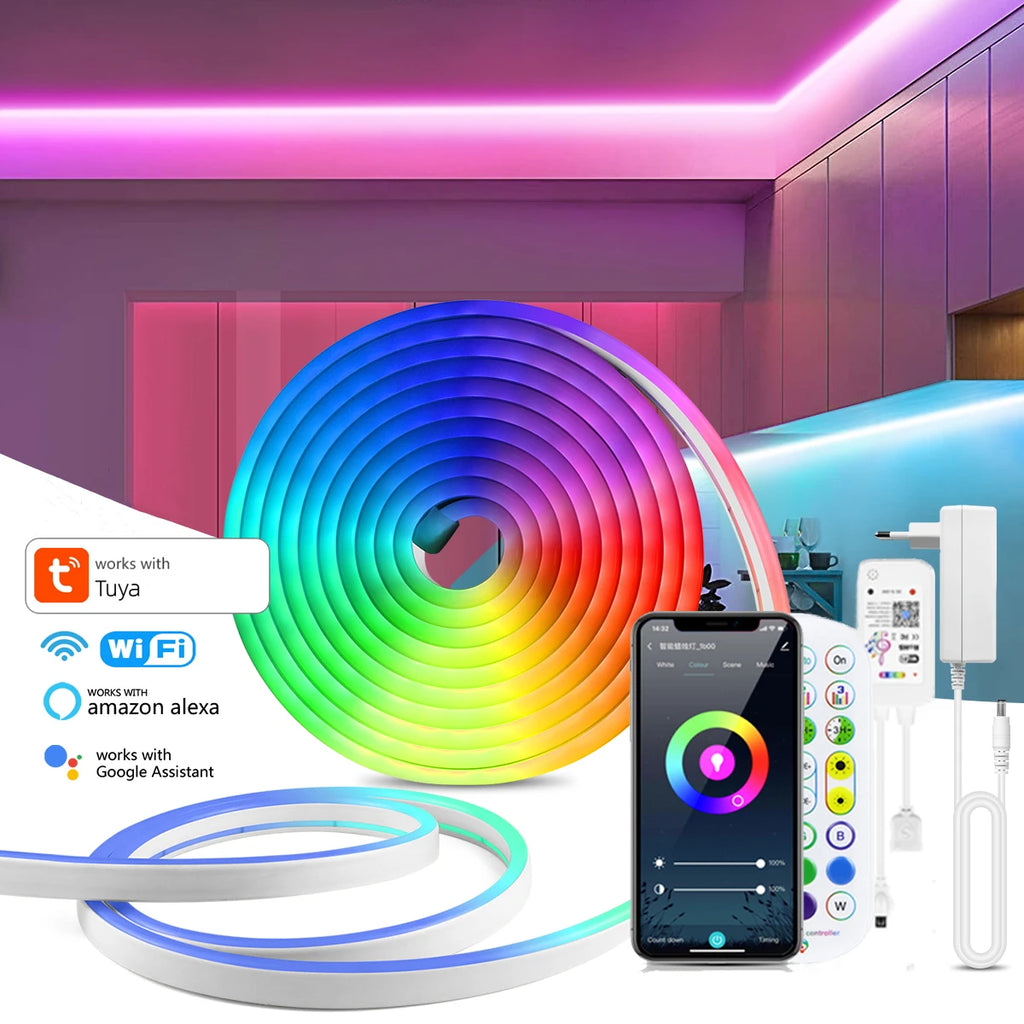 1-5M RGB/White/Warm LED Strip Neon Lights Smart WiFi Music Sync,Coloful Mood Light Tape for Game Room for Tuya APP Alexa Voice Oasis Select