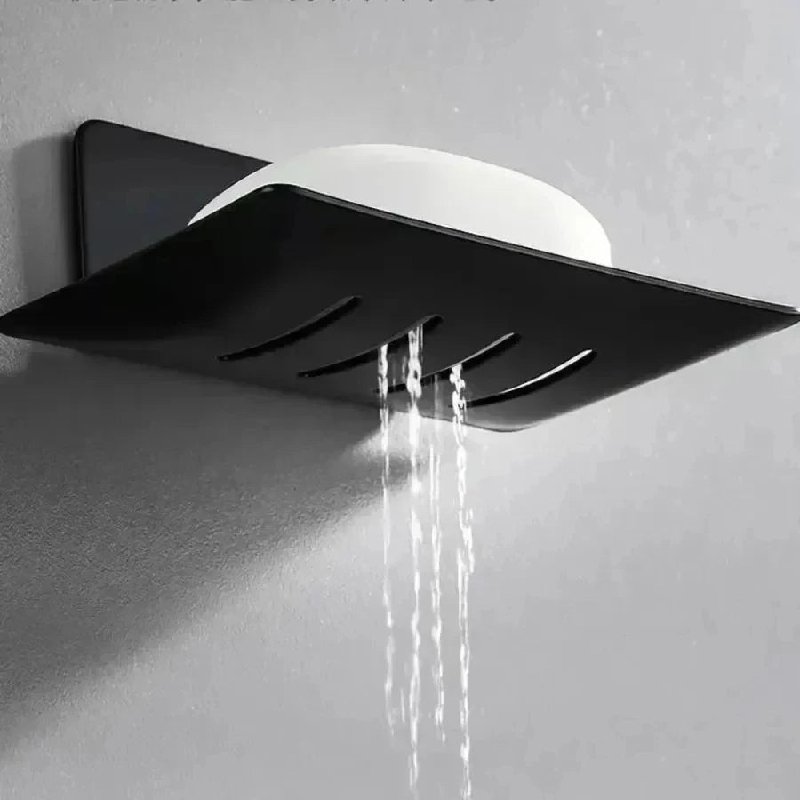 1pc no-drill black metal soap dish, includes adhesive, wall-mounted bathroom soap holder with drainage holes, soap rack Oasis Select