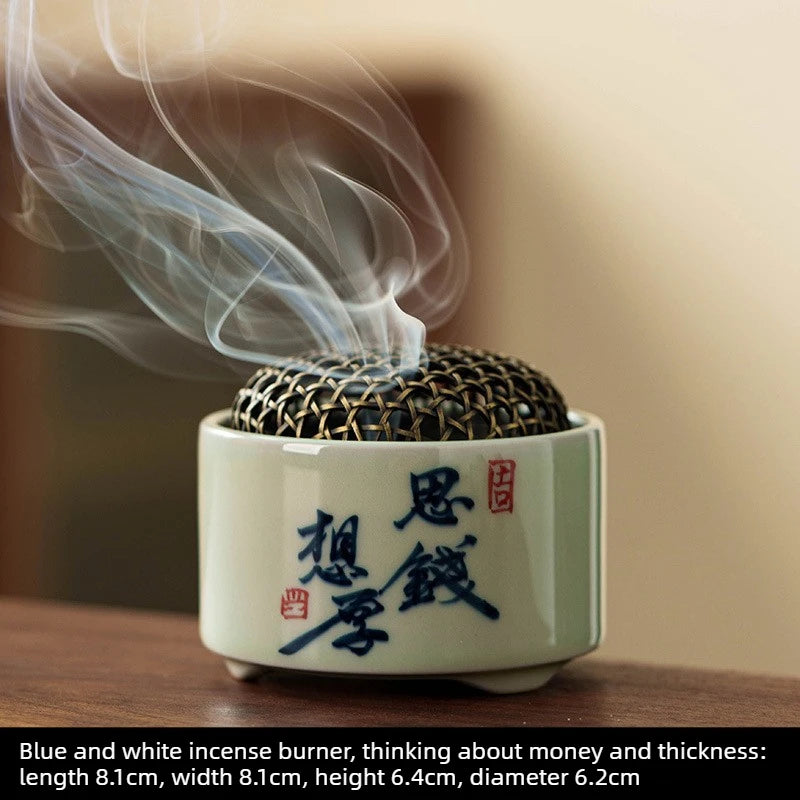 1pcs Retro Chinese Incense Burner Blue White Porcelain with Hand-painted Landscape Indoor Desktop Aroma Ornament for Home Use Oasis Select Think about money