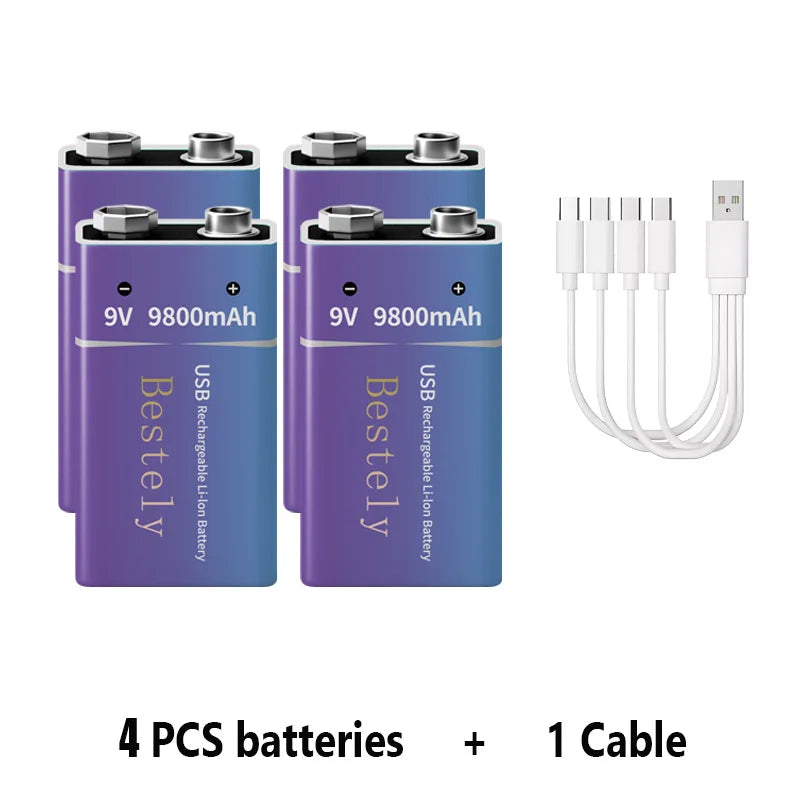 9V Rechargeable Li-ion Battery 9800mAh PP3 6F22 6LR61 006P USB Charging For Smoke Detector Alarm Microphone Toy Oasis Select 4 PCS Batteries