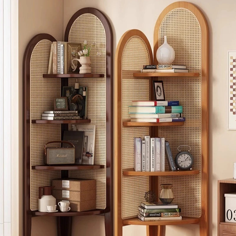 Chinese retro rattan corner decoration shelf, living room sofa wall edge book cabinet, bedroom solid wood triple crutch screen Oasis Select
