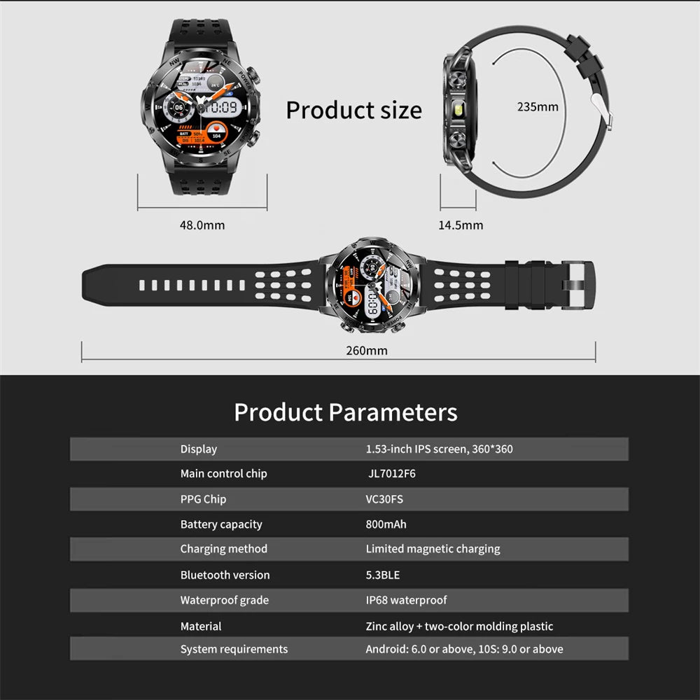 Outdoors Smart Watch Men Women 800Mah Battery IP68 Waterproof Health Music Smartwatch Flashlight Compass BT Call Sports Fitness Oasis Select