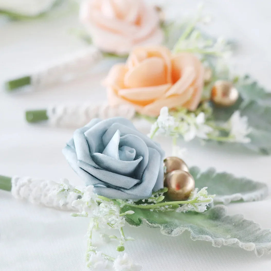 Boutonnieres Flowers Artificial White Roses Silk Ivory Corsage Buttonhole Groomsmen Boutonniere for Men Wedding Accessories Oasis Select