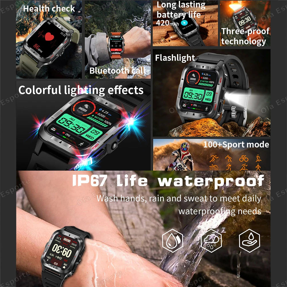Ola Esporte Military Smart Watch 1.83" AMOLED LED Flashlight