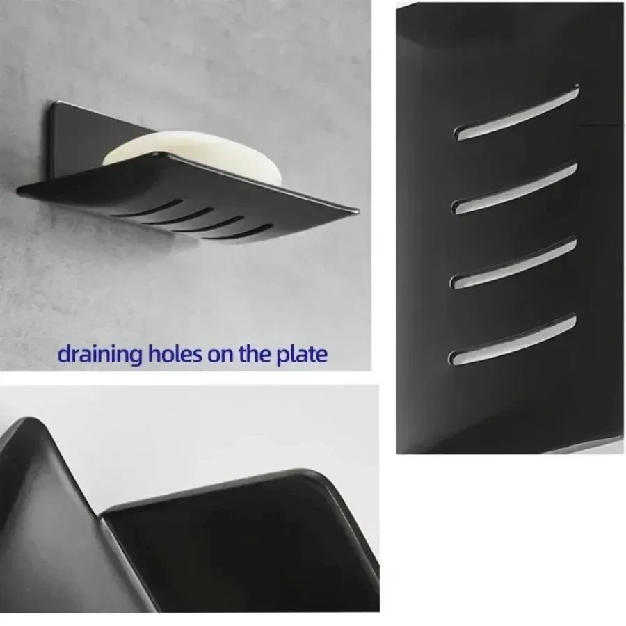 1pc no-drill black metal soap dish, includes adhesive, wall-mounted bathroom soap holder with drainage holes, soap rack Oasis Select