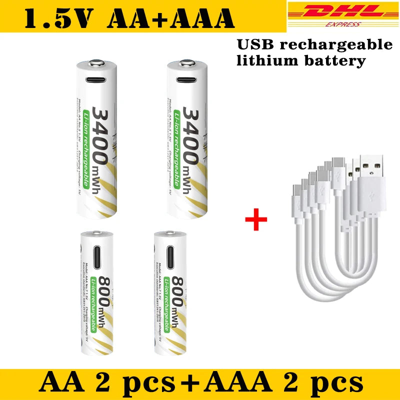 AAA and AA Rechargeable Batteries USB Lithium-ion 3400mWh 1.5V AA Rechargeable Batteries+800mWh 1.5V AAA Battery+ Type-C Cable Oasis Select AA 2pcs AAA 2pcs