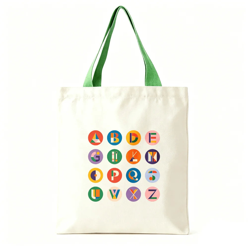 Vibrant Geometric Alphabet Canvas Tote Bag Large Cotton Shoulder Bag Student Travel Shopping Handbag Color Handle Oasis Select Green