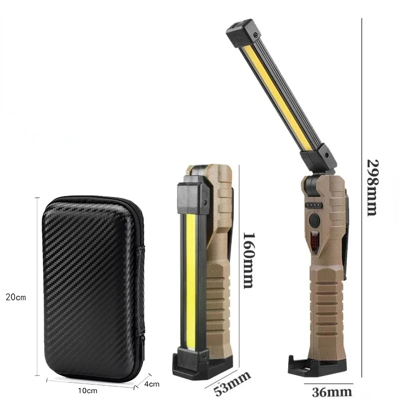 Portable COB High Power LED Flashlight USB Rechargeable Camping Lamp Torch Car Repairing Work Light Hanging Hook Magnet 5 Modes Oasis Select Khaki with Box Built in battery