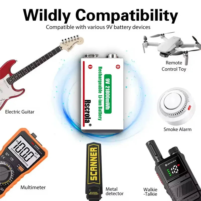 21800mWh High Capacity Rechargeable 9V Lithium ion Battery with USB-C for Guitar Microphone Smoke Detector Pedal with Cable Oasis Select