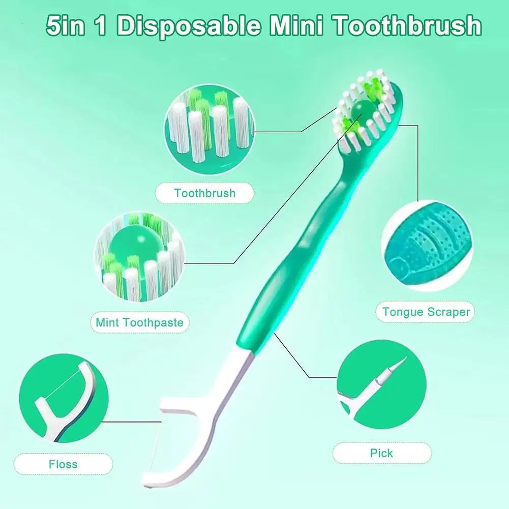 5-in-1 Disposable Travel Toothbrush – Toothpaste, Floss & Pick Disposable Travel Toothbrush Oasis Select