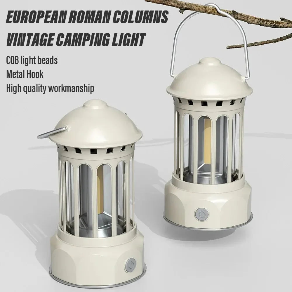 European Roman Pillar Vintage Camping Lantern Flashlight Rechargeable Lamp With Hook Warm White Light For Camping, Exploring Oasis Select