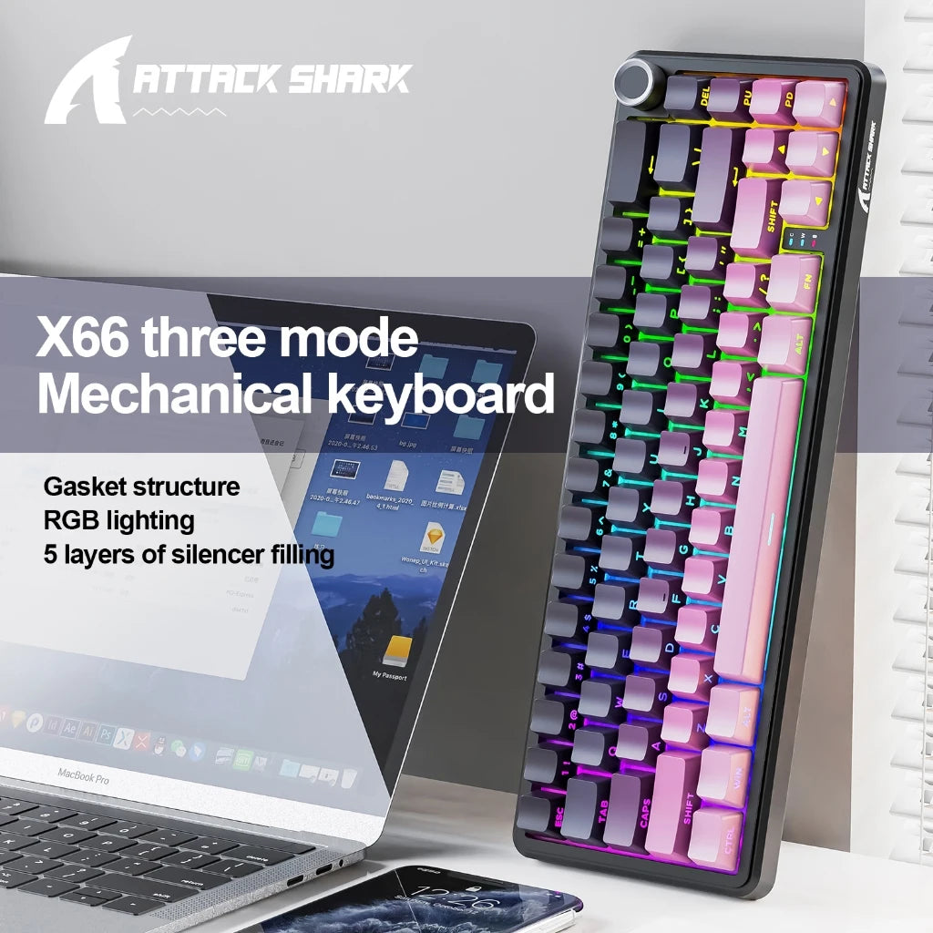 ATTACK SHARK X66 Mechanical Wireless Keyboard | 66-Key Gasket Tri-Mode, Hot-Swap RGB, 3000mAh & CNC Knob for PC/Mac Oasis Select