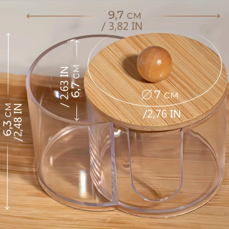 2-in-1 Clear Cotton Pad Swab Organizer Bamboo Lid Dual Compartment Space Saving Bathroom Vanity Storage Box with Bamboo Cover Oasis Select