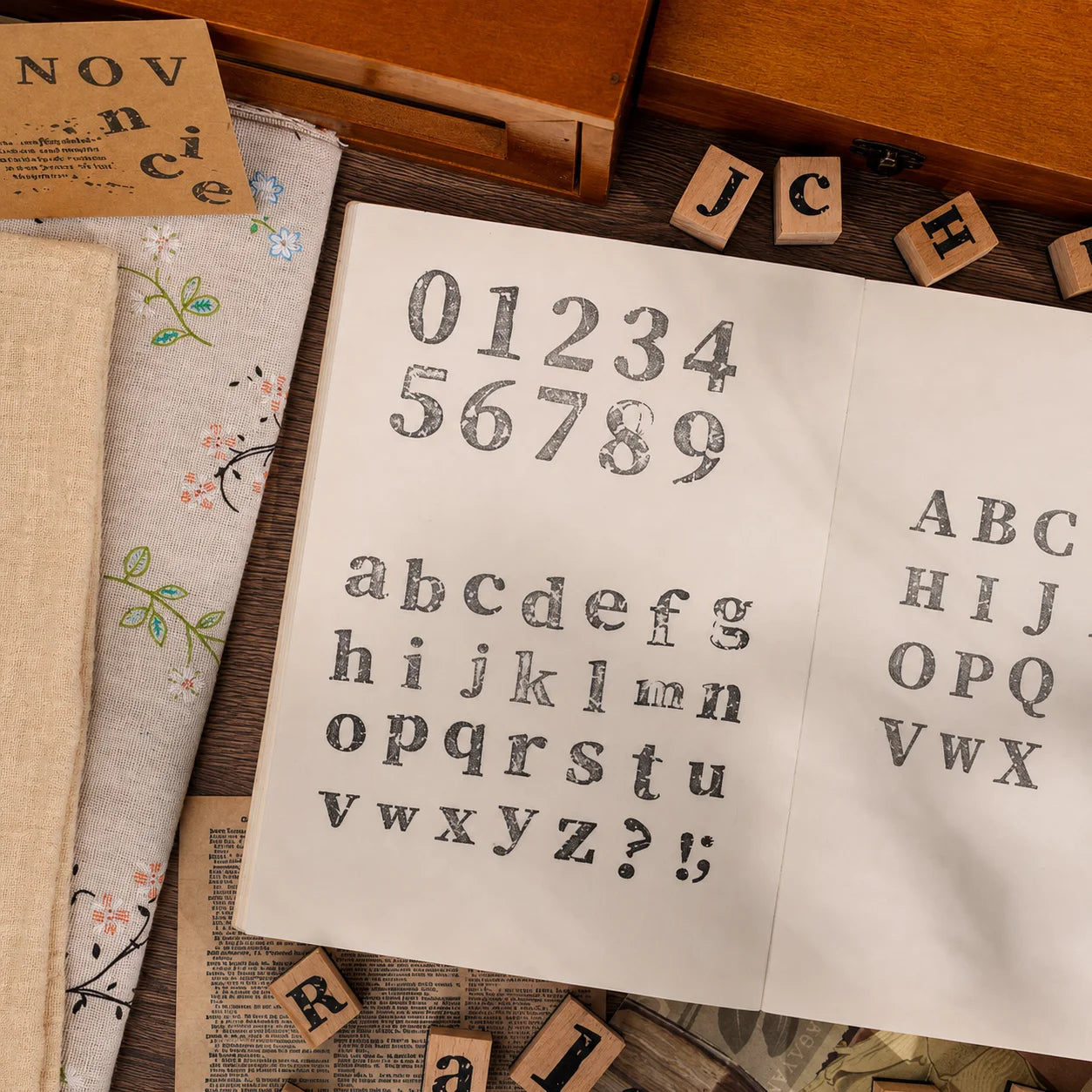 Vintage Broken Style Wooden Rubber Stamp Set – Letters & Numbers