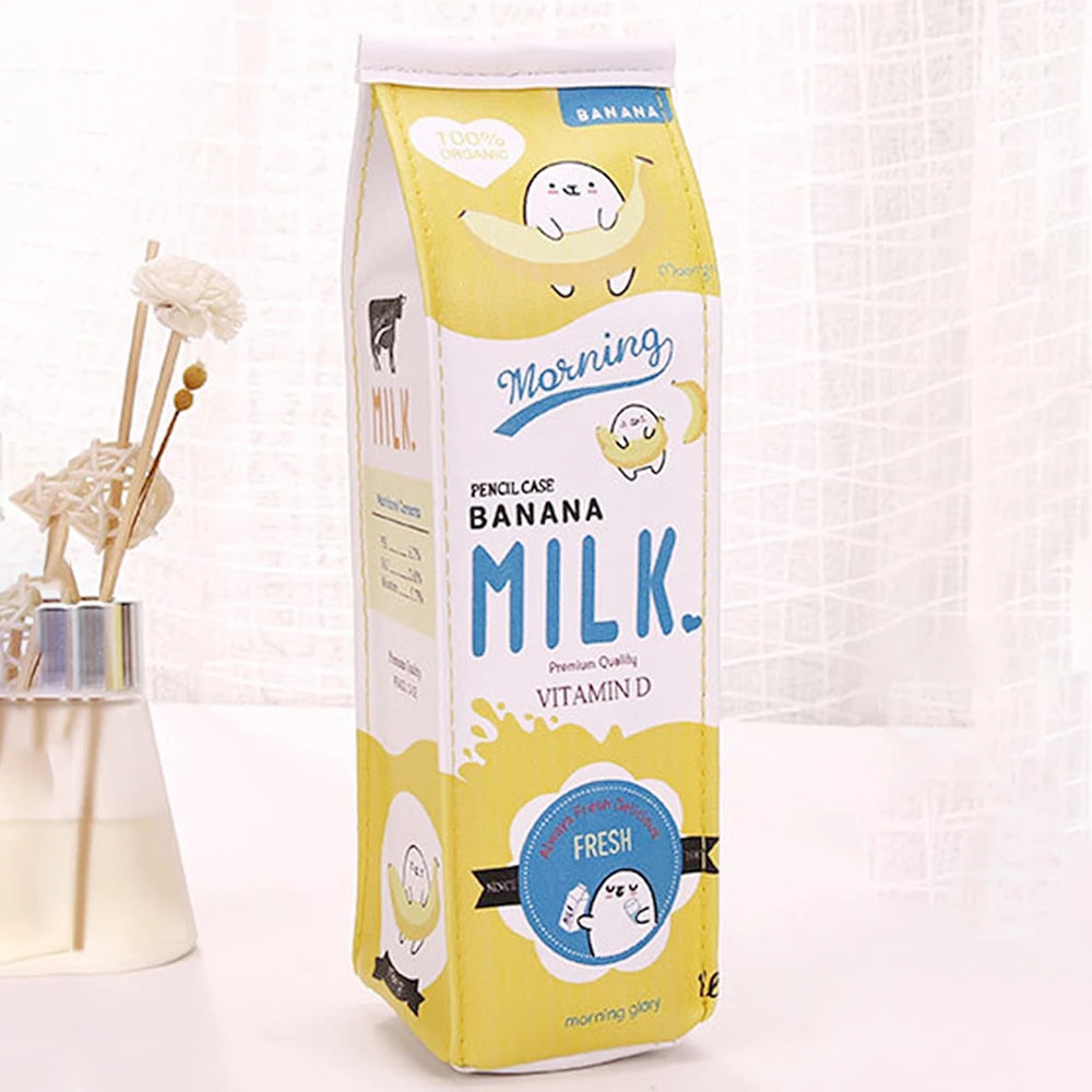 Cute Cartoon Milk Pencil Case – Large Capacity Student Bag