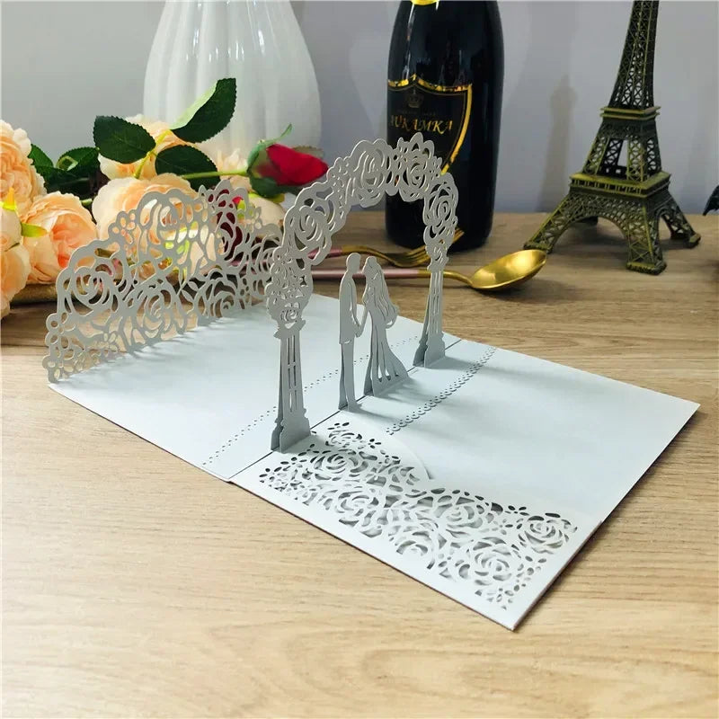 3D Bride and Groom Rose Gold Pop Up Wedding Invitations Laser Cut Greeting Cards Envelope Bridal Shower Invitation Cards Oasis Select Silver