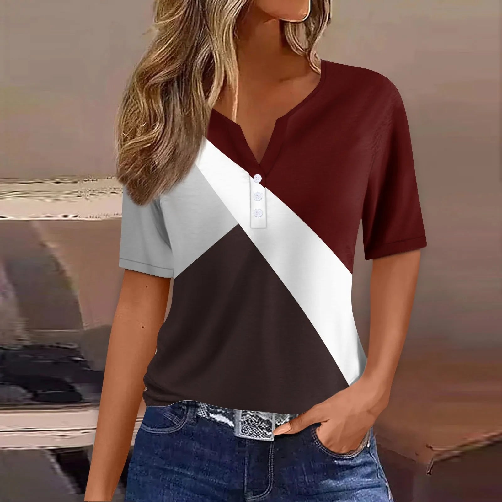 2024 Summer Patchwork T-Shirts Button Tops Womens Casual Short Sleeve Loose Ladies V-Neck Female Street Clothes Pullover Oasis Select Deep Red XXXL