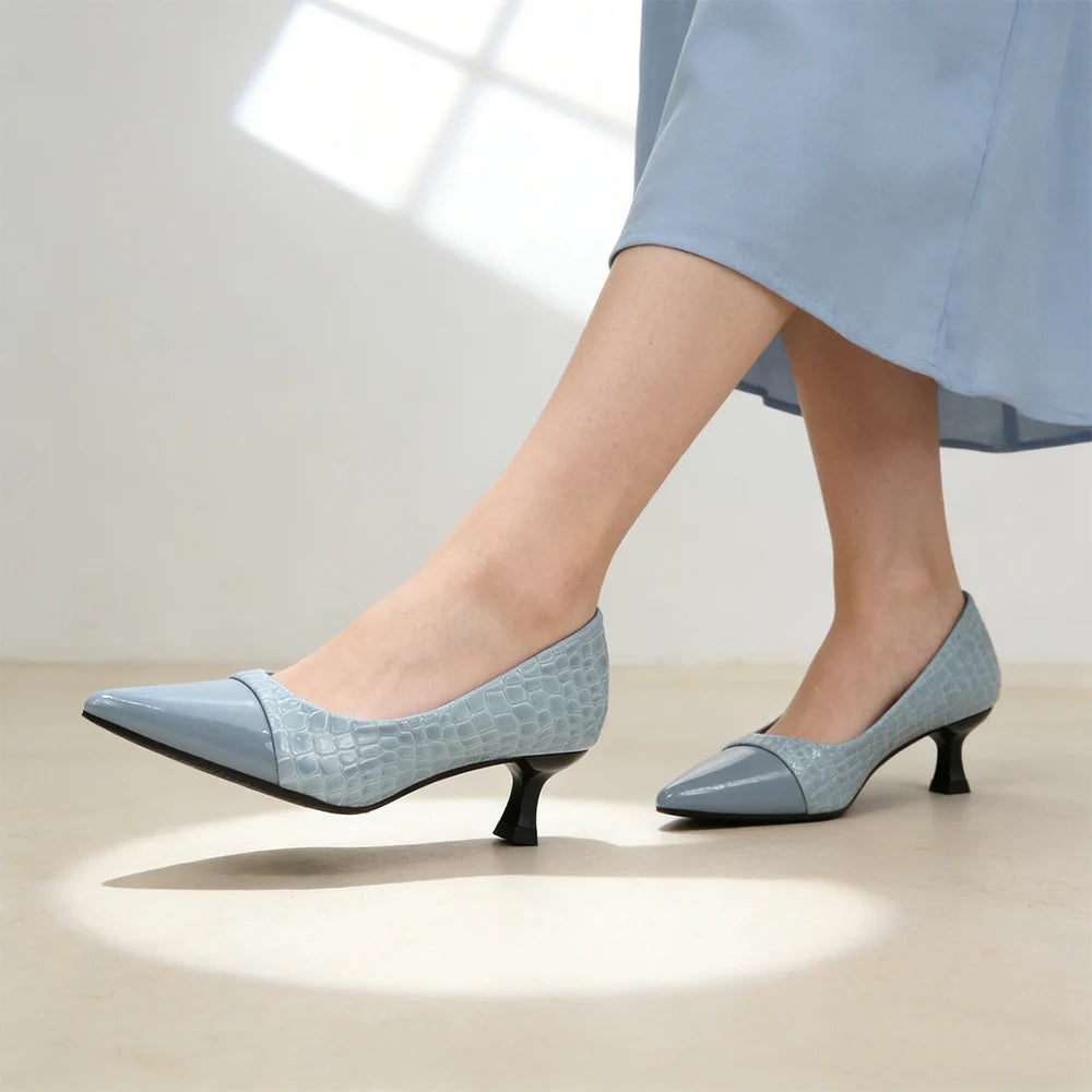 Sky Blue Pointed Toe Pumps Faux Leather Block Heels for Office, Wedding Guest & Spring Parties, Comfortable Slip-On Dress Shoes Oasis Select