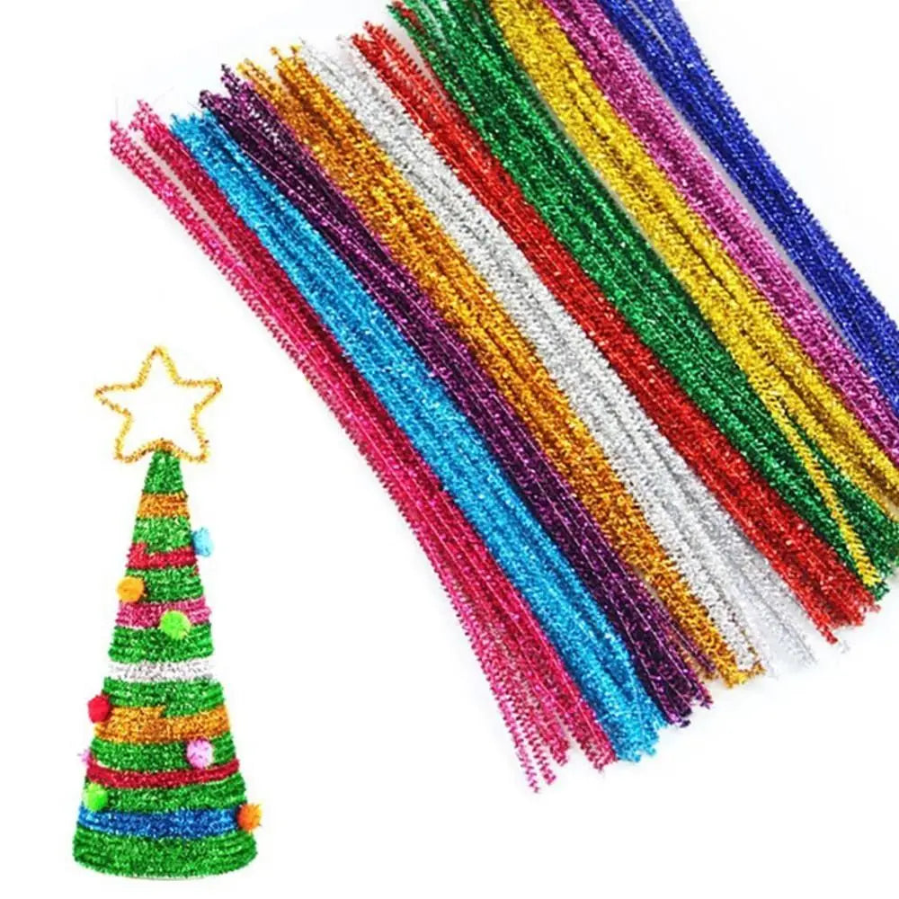 100pcs New 30cm Glitter Chenille Stems Wool Top Christmas DIY Craft Supplies Torsion Bar Tinsel Stems Oasis Select