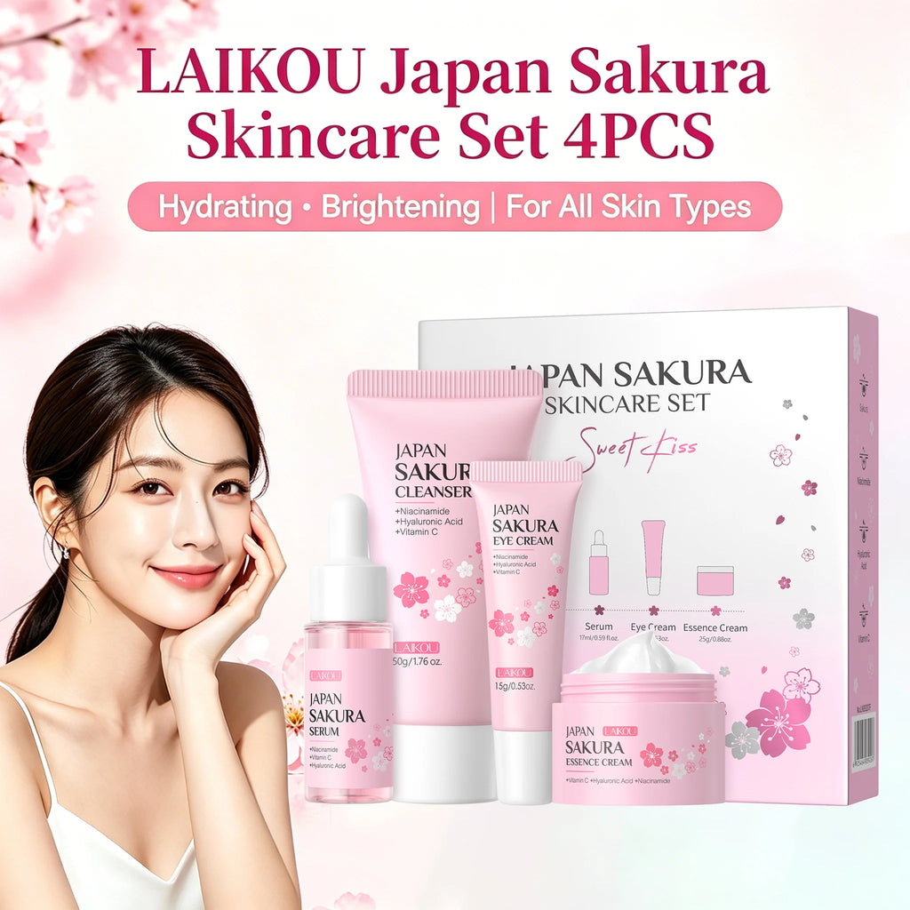 LAIKOU Japanese Sakura Hydrating Brightening 4PCS Skincare Set For All Skin Types Cleanser Serum Eye Cream Face Cream Oasis Select