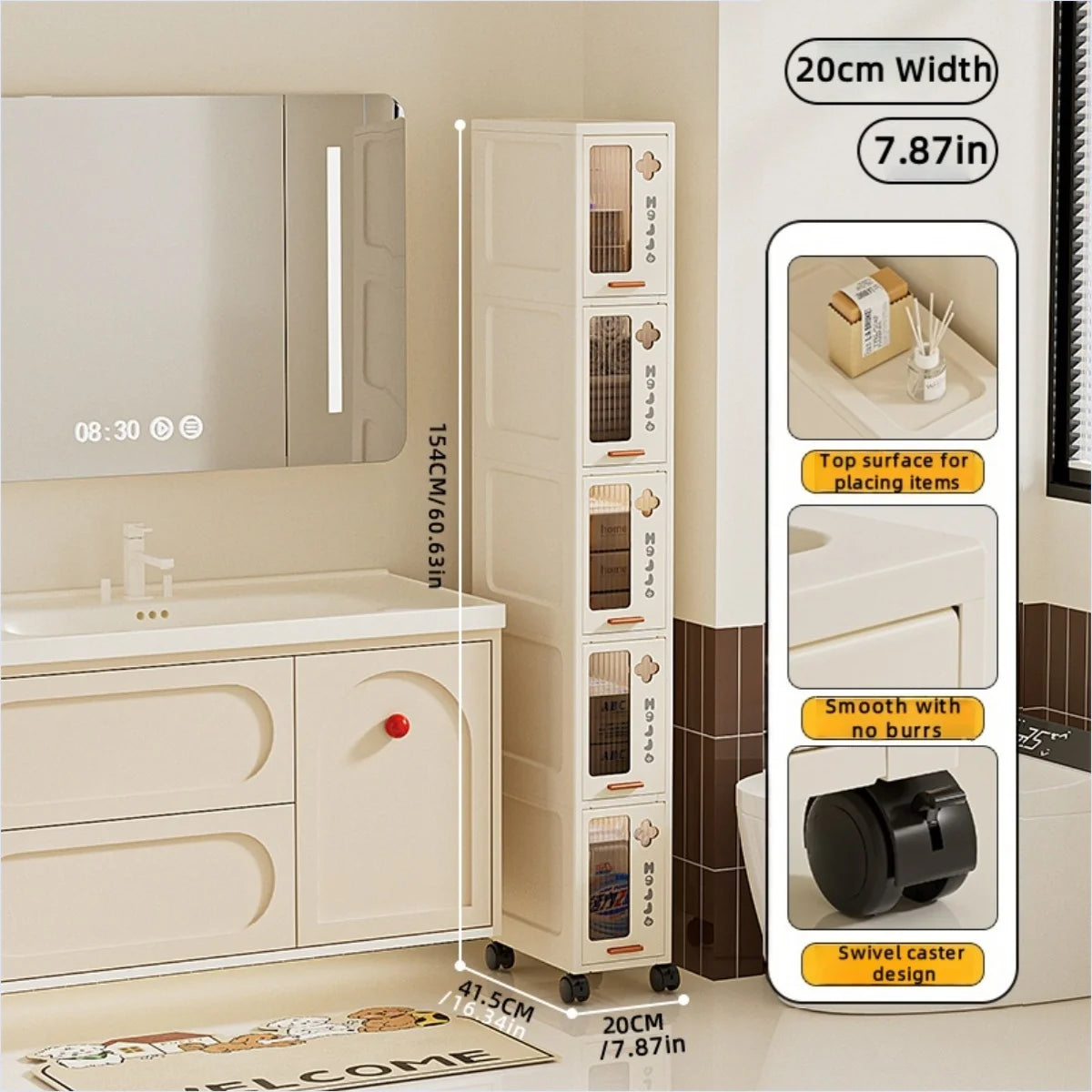 Slim Mobile Storage Cabinet, Space-Saving Narrow Drawer Organizer, Minimalist Multi-Purpose Design for Kitchen/Bathroom/Living Oasis Select 20cm 5 Tiers