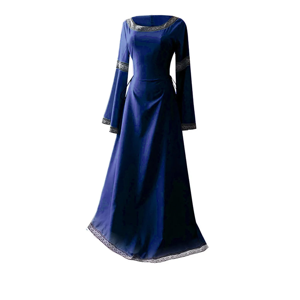 Women's Medieval Renaissance Trumpet Sleeve Lace Maxi Gown Renaissance Costume Dress Oasis Select Blue S