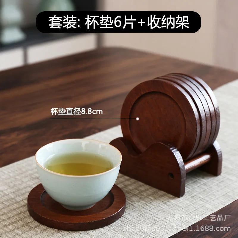 6Pcs Bamboo Coasters With Holder, Heat Resistant Non-Slip Round Insulated Mats For Hot Coffee Mugs Tea Cups Bowls Table Decor Oasis Select 1Set