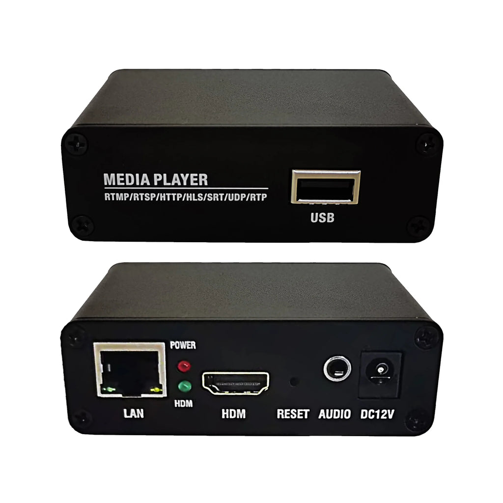 The XP10 USB player can play MP4 files stored on a USB drive and supports RTMP, RTSP, HTTP TS, HTTP FLV, HLS, SRT, UDP, and more Oasis Select Red