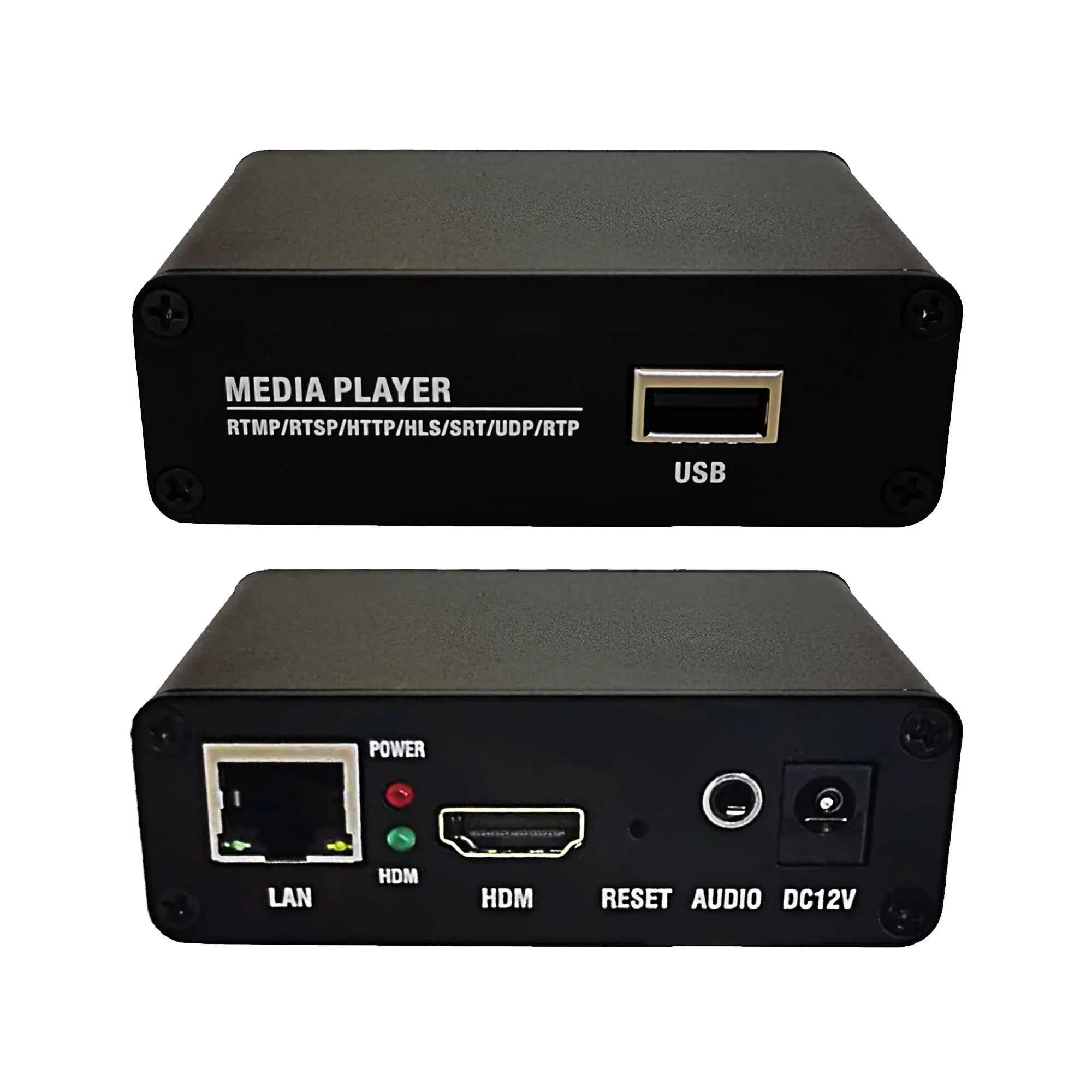 The XP10 USB player can play MP4 files stored on a USB drive and supports RTMP, RTSP, HTTP TS, HTTP FLV, HLS, SRT, UDP, and more Oasis Select Red