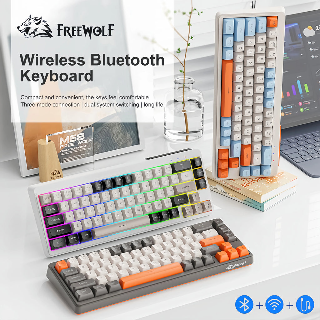 FREEWOLF M68 Three-mode BT/2.4G/Wired Keyboard, 2000mAh Battery, Colorful Rainbow Backlit, Durable PBT Keycaps, Double Leg Brace Oasis Select