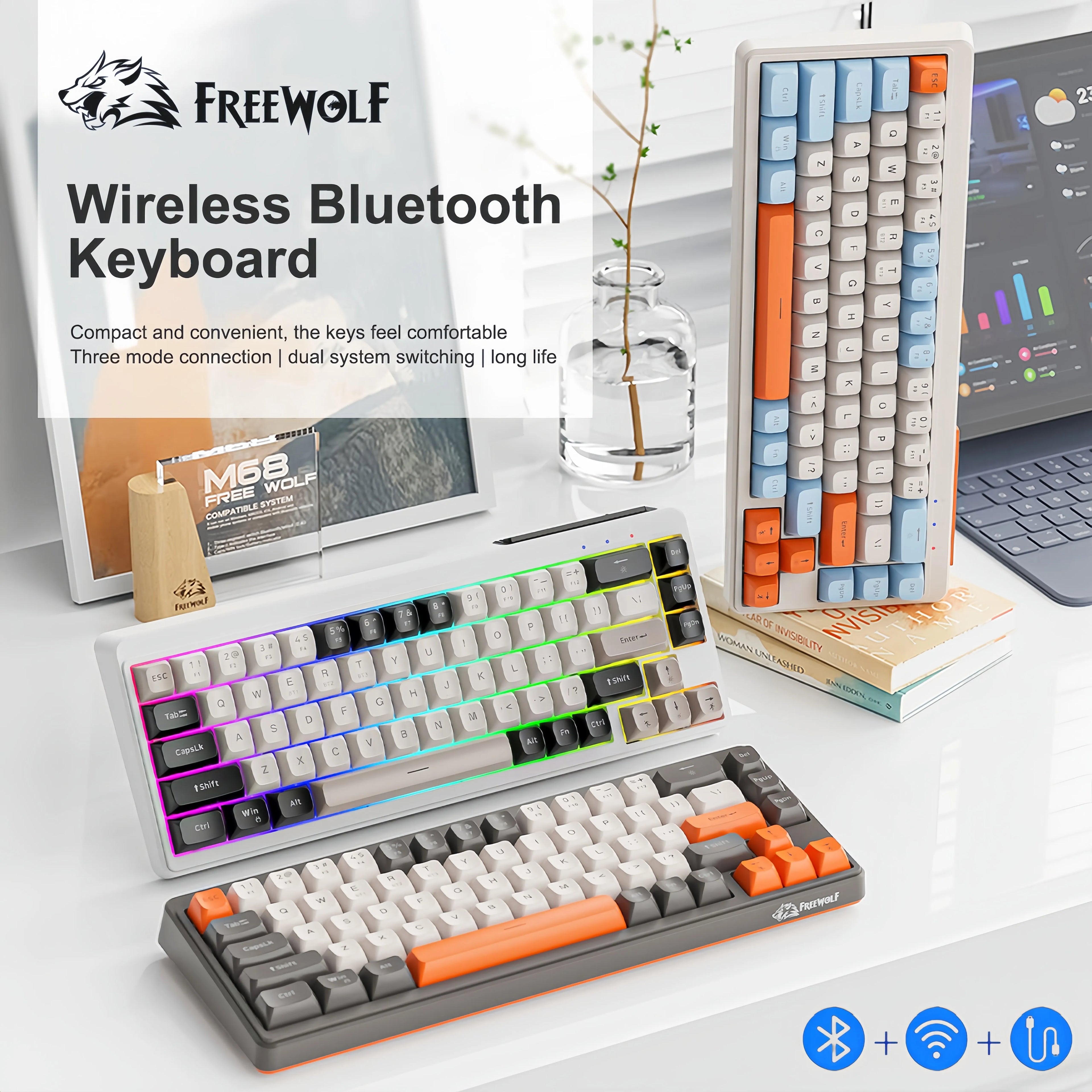 FREEWOLF M68 Three-mode BT/2.4G/Wired Keyboard, 2000mAh Battery, Colorful Rainbow Backlit, Durable PBT Keycaps, Double Leg Brace Oasis Select