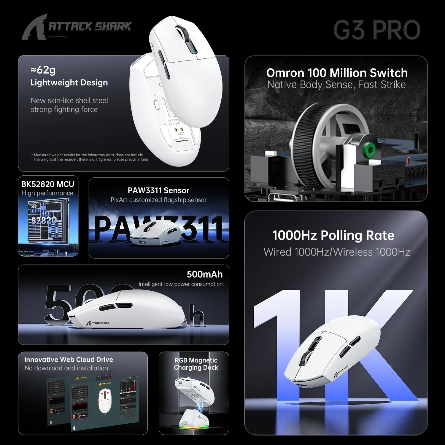 ATTACK SHARK G3 PRO Wireless Gaming Mouse Superlight PAW3311 25000DPI Tri-Mode Bluetooth Wired RGB Charging Dock Large Battery Oasis Select