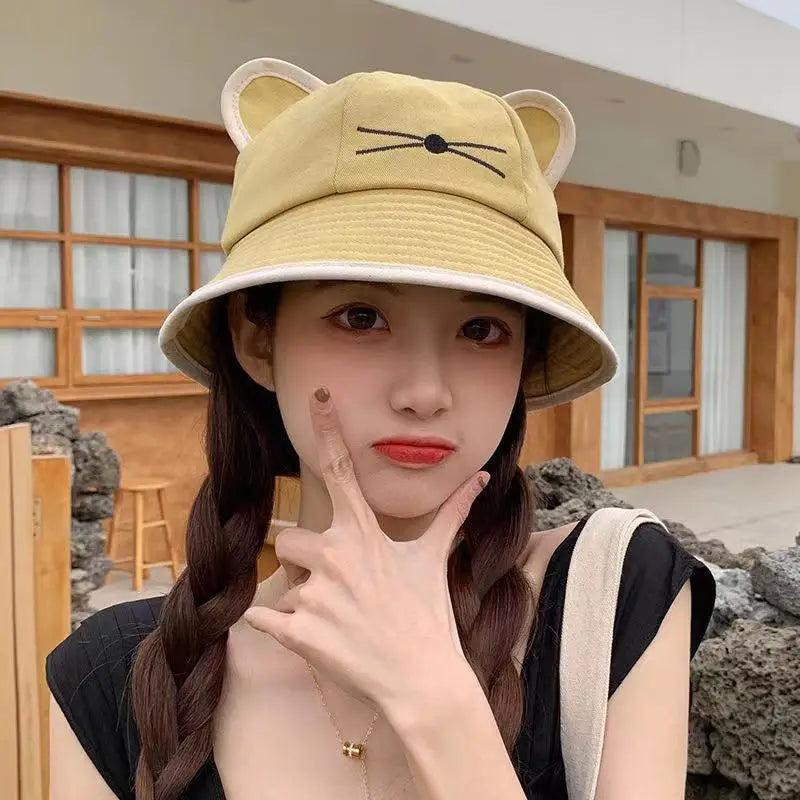 Cat Ear Bucket Hat Women Sunhat uv차단 шляпа женская от солнца Gorros para el sol de mujer Wide Brim Cap Oasis Select one size Yellow