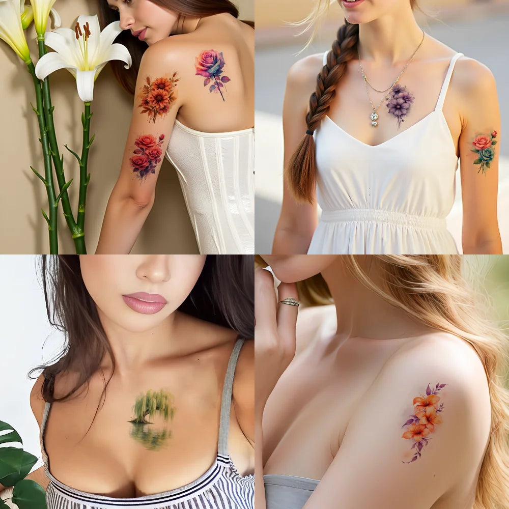 9pcs Floral Temporary Tattoos – Waterproof Botanical Stickers