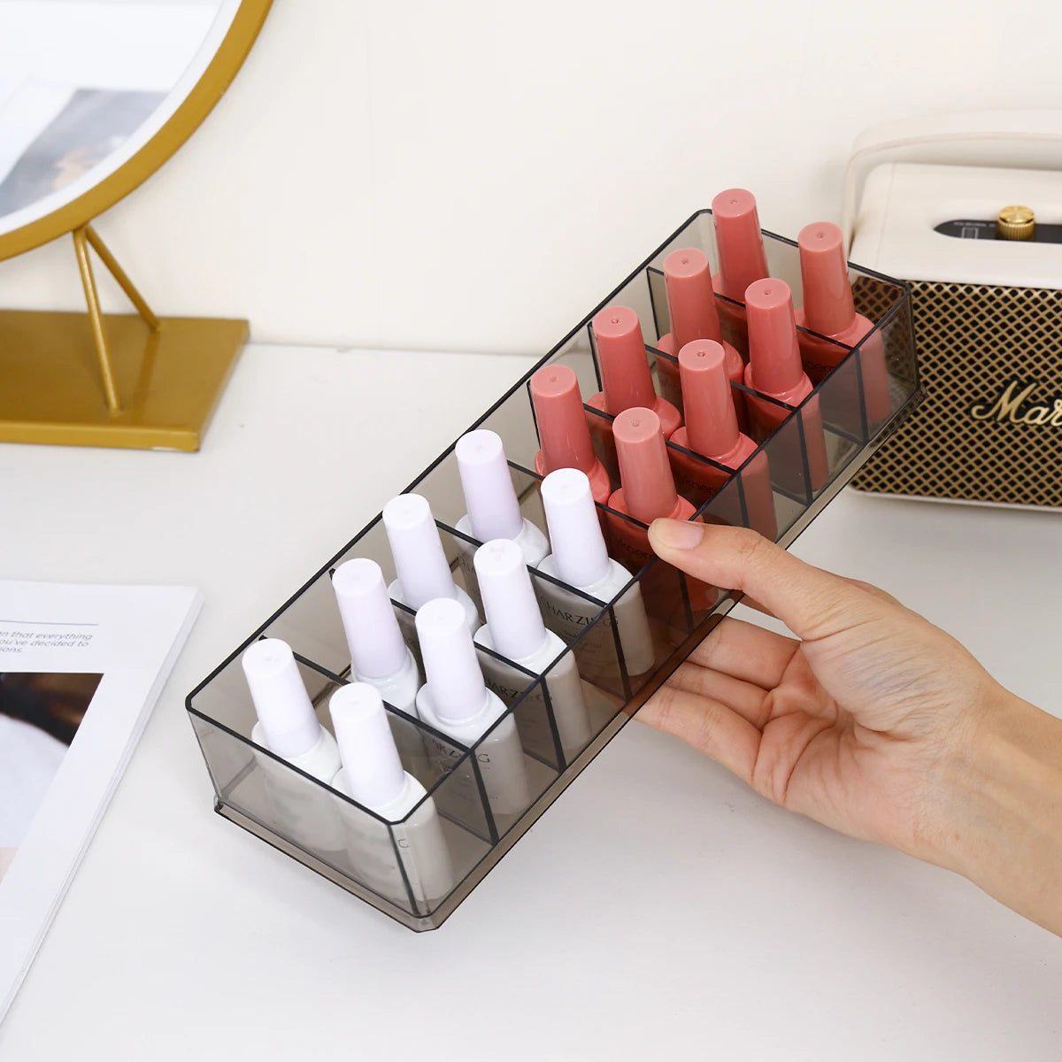 1pc translucent black 8 grid nail polish storage box desktop cosmetics lipstick storage box drawer type cosmetic bag organizer Oasis Select