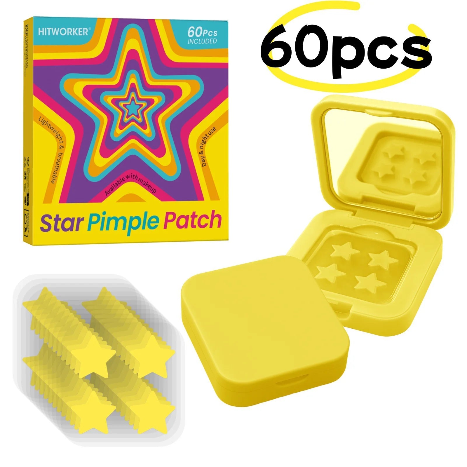 60 pieces/box of 4 color star shaped acne stickers - water-based gel acne cover stickers, facial patches with makeup mirror Oasis Select 60pcs 1