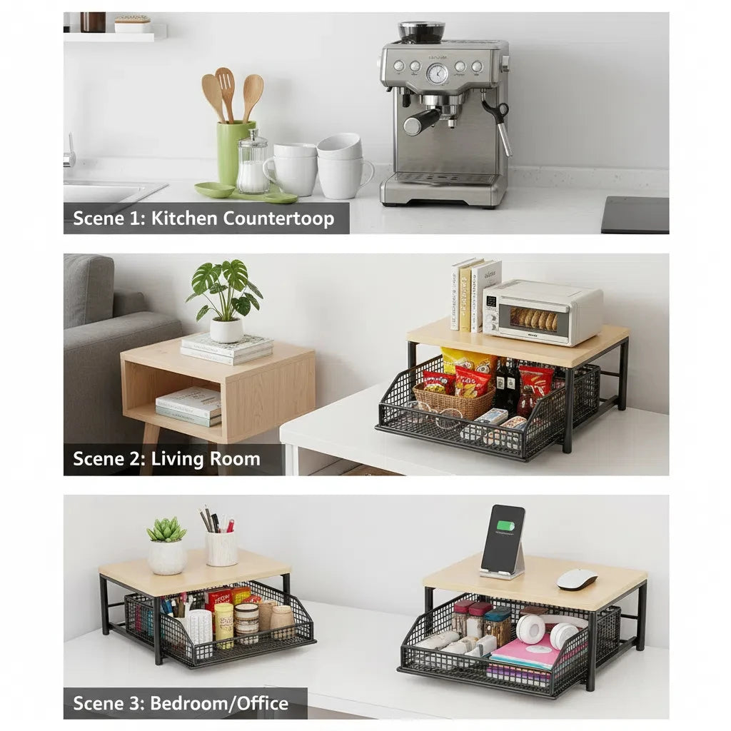 Metal and Wood Microwave Rack with Pull Out Drawer Multi Layer Countertop Kitchen Organizer for Coffee Maker Utensils and Tea Oasis Select