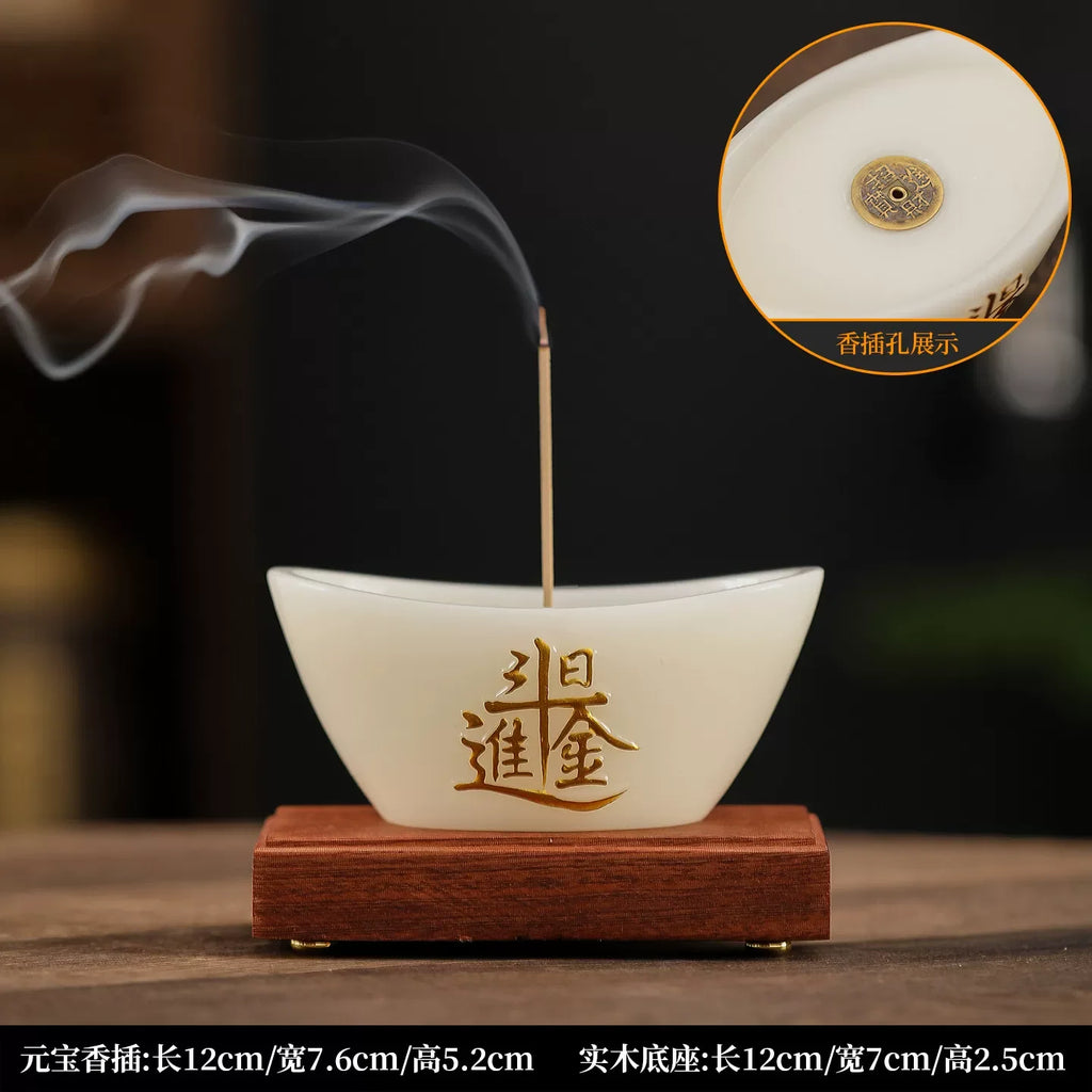 Jade Ceramic Yuanbao Incense Burner Attract Wealth, Stick & Coil Incense Holder for Tea Room Home Desktop Decoration Oasis Select E