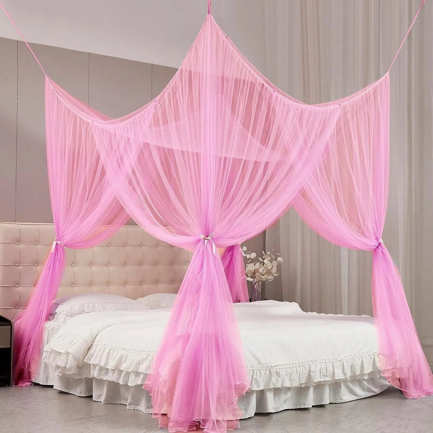 Quadrangle Mosquito Net Floor To Ceiling Bed Curtain Double Opening Mosquito Net Mosquito Proof Net Cover Fit for All Bed Sizes Oasis Select Pink