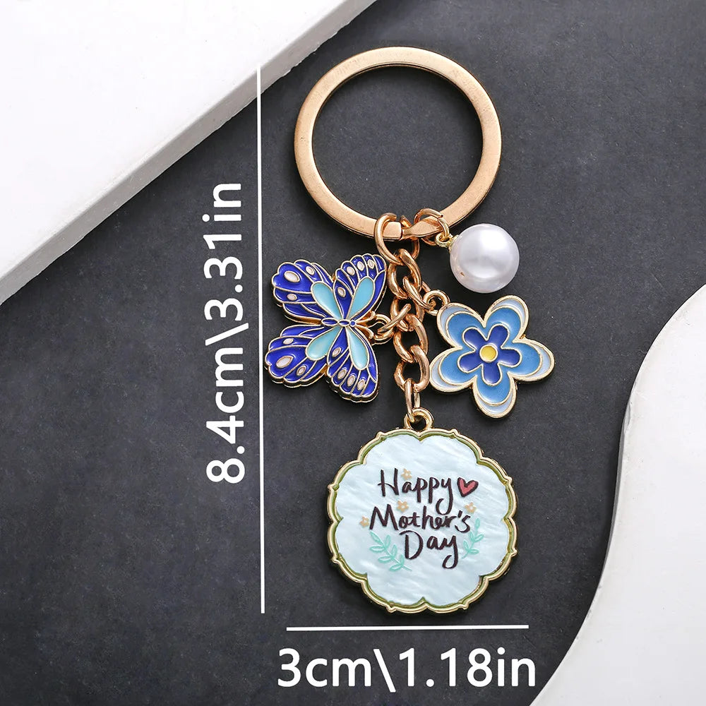 Drop Oil Pink Butterfly Flowers Pearl MOTHER'S DAY Keychain Accessory Pendant Mother's Holiday Gift Key Chains for Women Oasis Select D 8.4x3cm